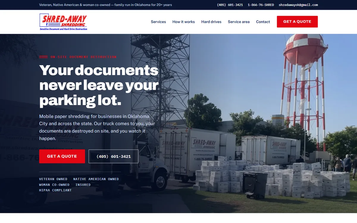 Shred-Away Shredding website, home page